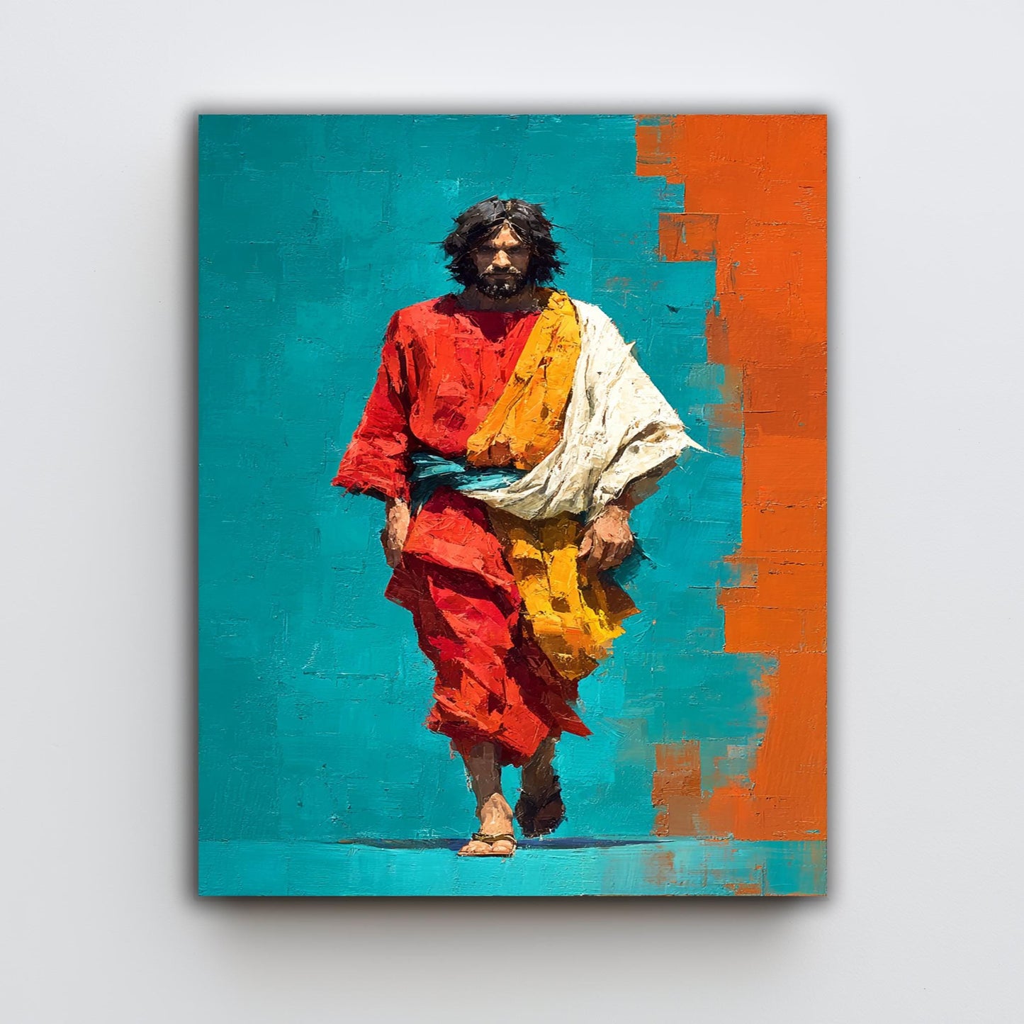 Vibrant Abstract Jesus Walking Painting in Red and Teal Bold Christian Wall Art Print for Modern Faith Decor or Prayer Room Display