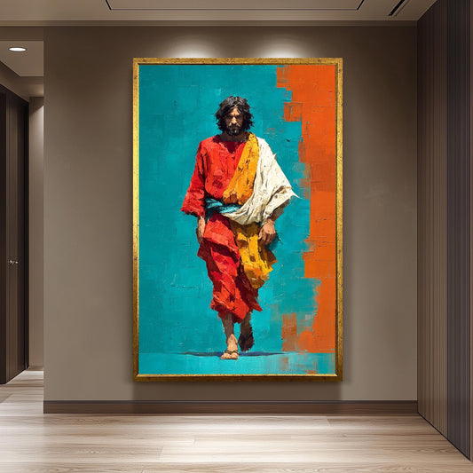 Vibrant Abstract Jesus Walking Painting in Red and Teal Bold Christian Wall Art Print for Modern Faith Decor or Prayer Room Display