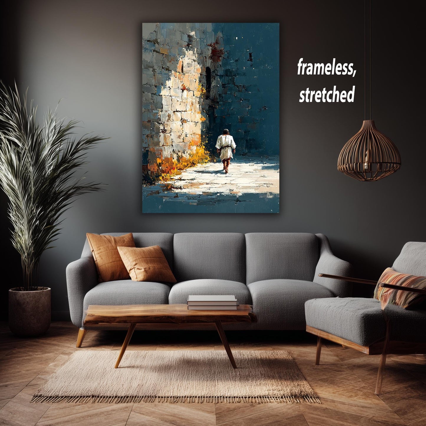 Jesus Walking Alone Along Ancient Wall Abstract Faith Painting Christian Wall Art Print for Reflection Spaces Prayer Rooms or Home Decor