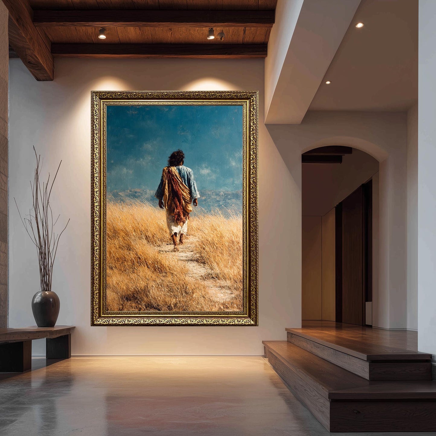 Jesus Walking Through Golden Field Painting Rustic Faith Wall Art Print for Christian Home Decor Prayer Room or Spiritual Gift Home Decor