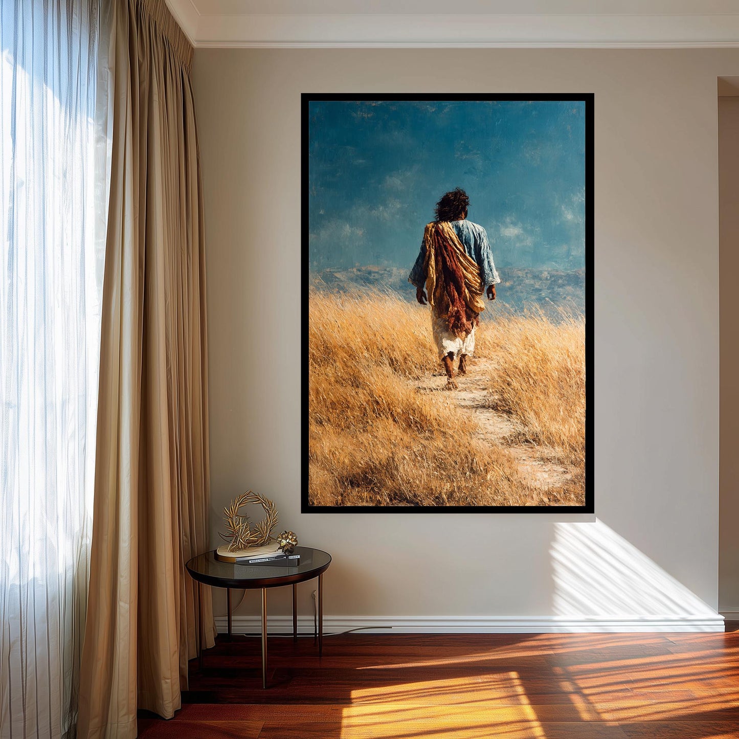 Jesus Walking Through Golden Field Painting Rustic Faith Wall Art Print for Christian Home Decor Prayer Room or Spiritual Gift Home Decor