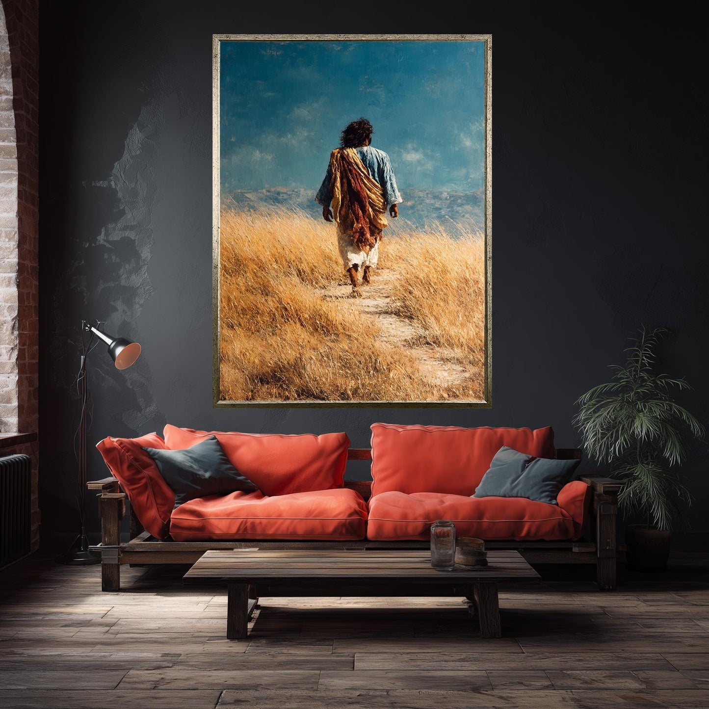 Jesus Walking Through Golden Field Painting Rustic Faith Wall Art Print for Christian Home Decor Prayer Room or Spiritual Gift Home Decor