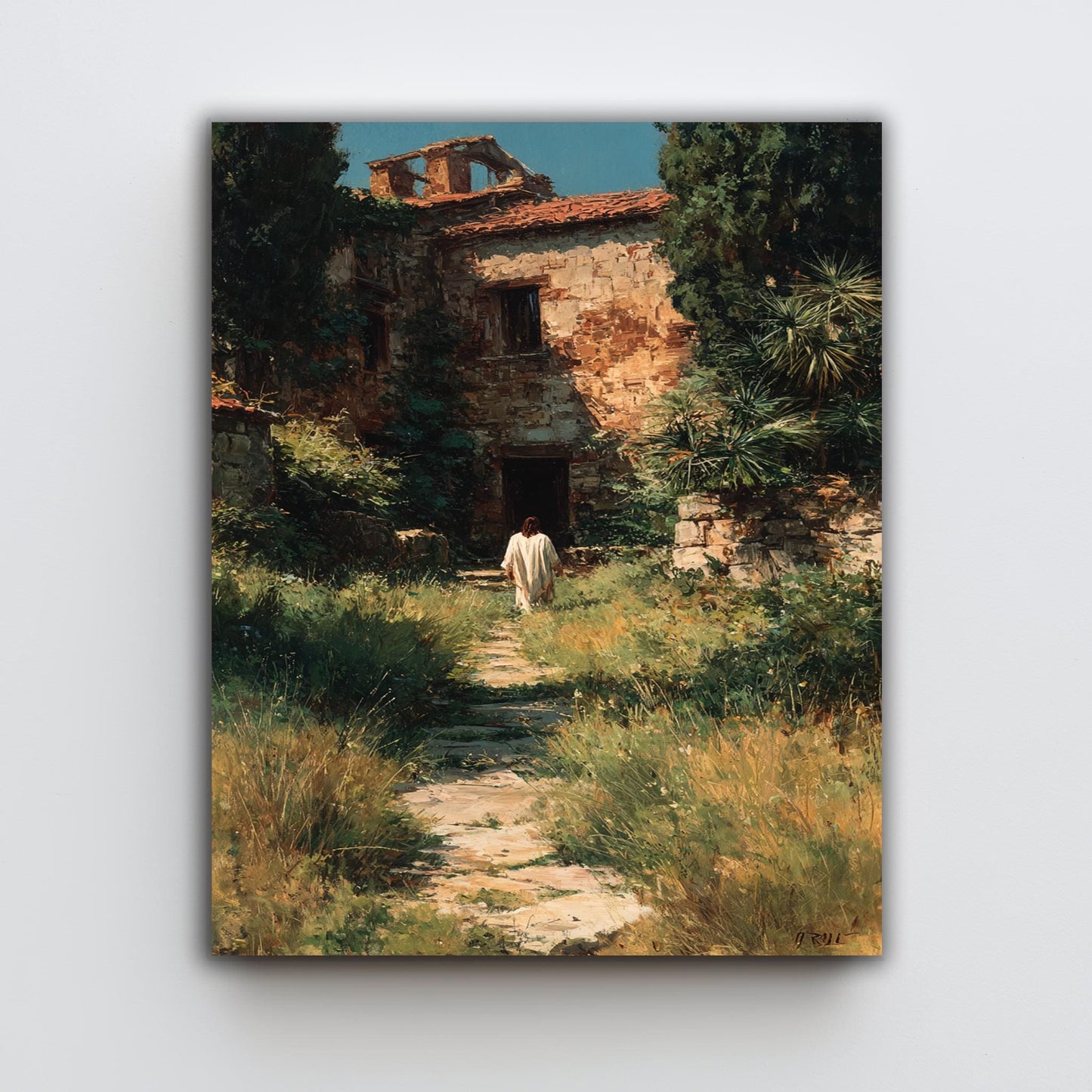 Jesus Walking Toward Ancient House in Overgrown Garden Rustic Faith Wall Art Print for Christian Home Prayer Room or Reflection Space