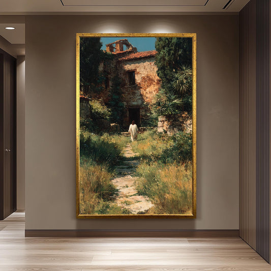 Jesus Walking Toward Ancient House in Overgrown Garden Rustic Faith Wall Art Print for Christian Home Prayer Room or Reflection Space