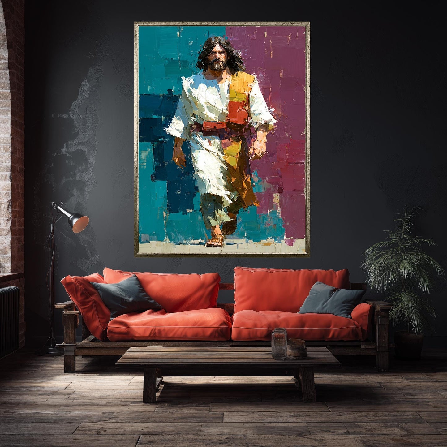 Jesus Walking Oil Painting on Canvas | Modern Abstract Religious Wall Art | Vibrant Christian Home Decor | Spiritual Gift for Believers