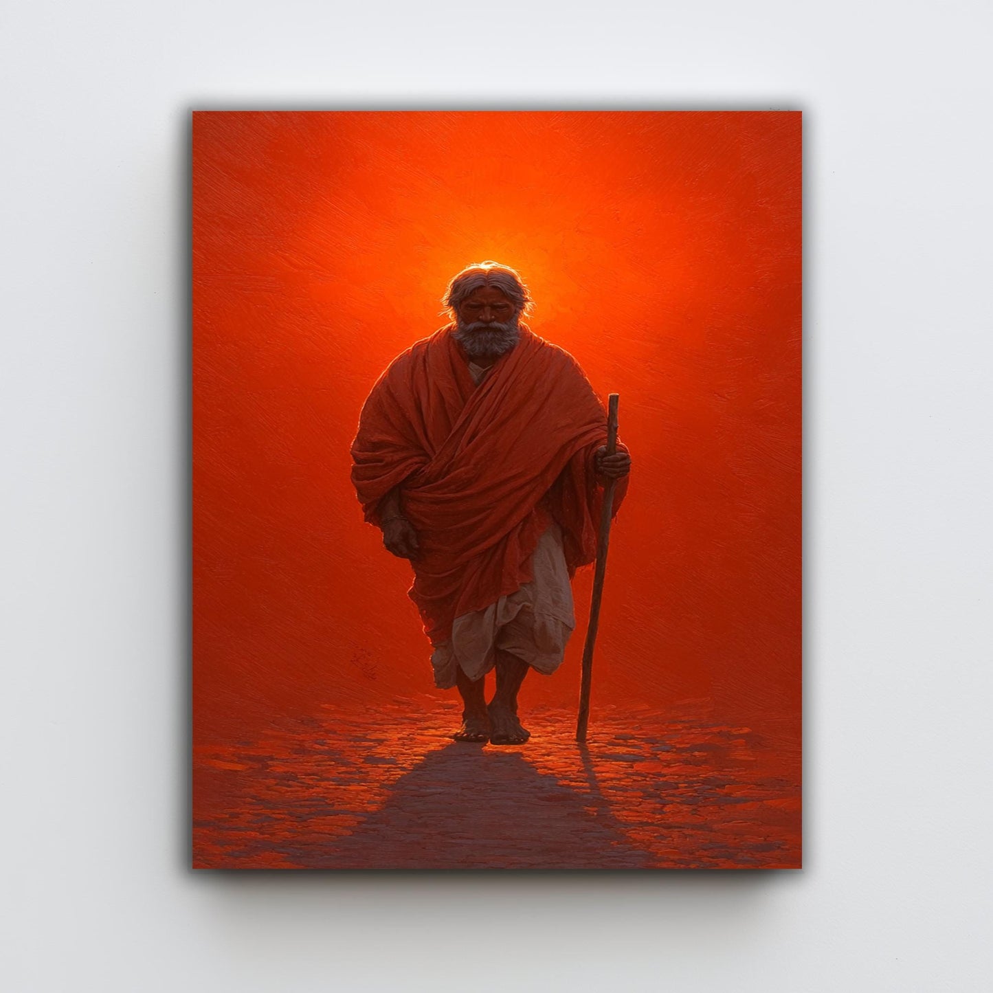 Spiritual Monk Walking Painting | Mystical Red Aura Canvas Art | Enlightened Sage Wall Decor | Symbolic Journey of Wisdom Artwork Jesus Art