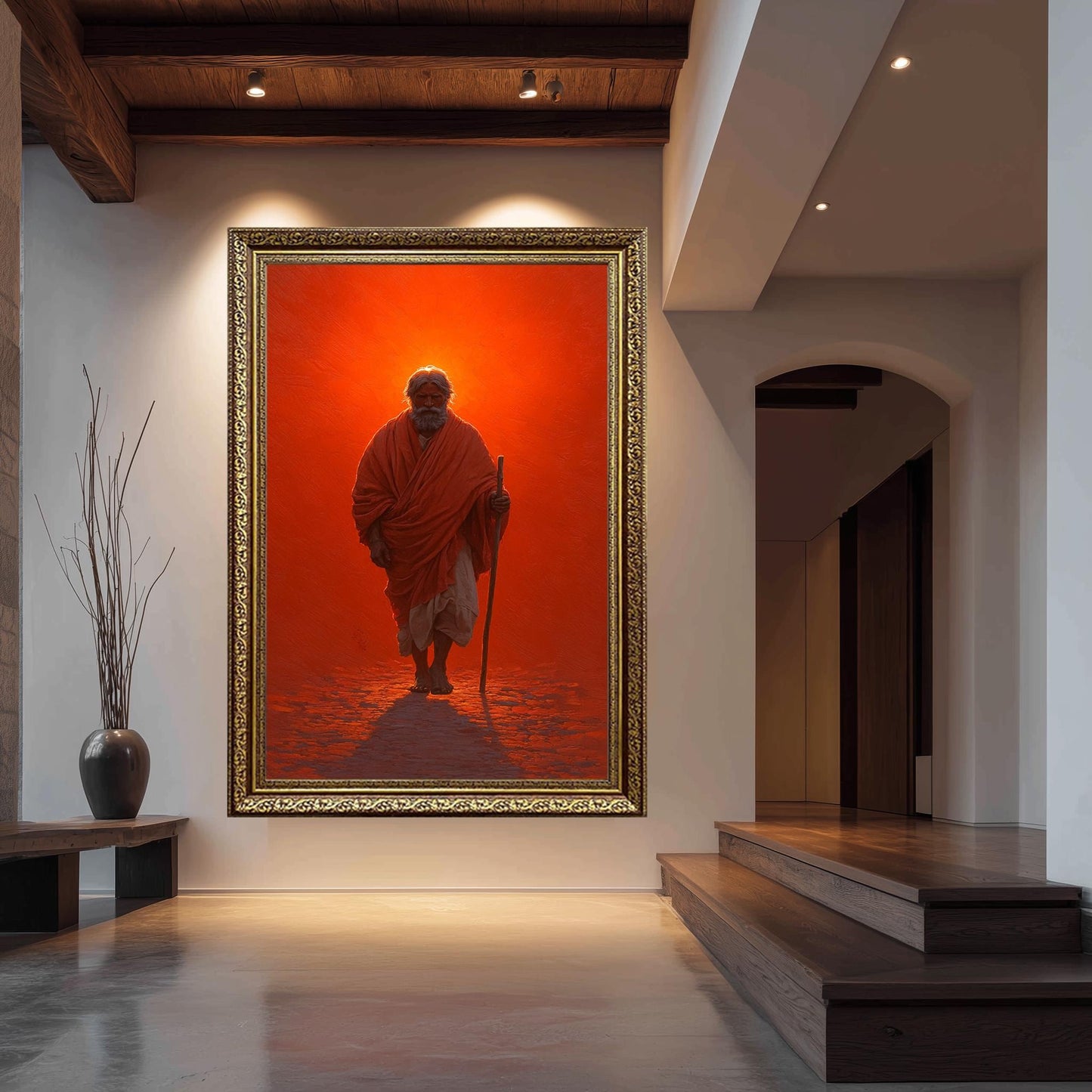 Spiritual Monk Walking Painting | Mystical Red Aura Canvas Art | Enlightened Sage Wall Decor | Symbolic Journey of Wisdom Artwork Jesus Art