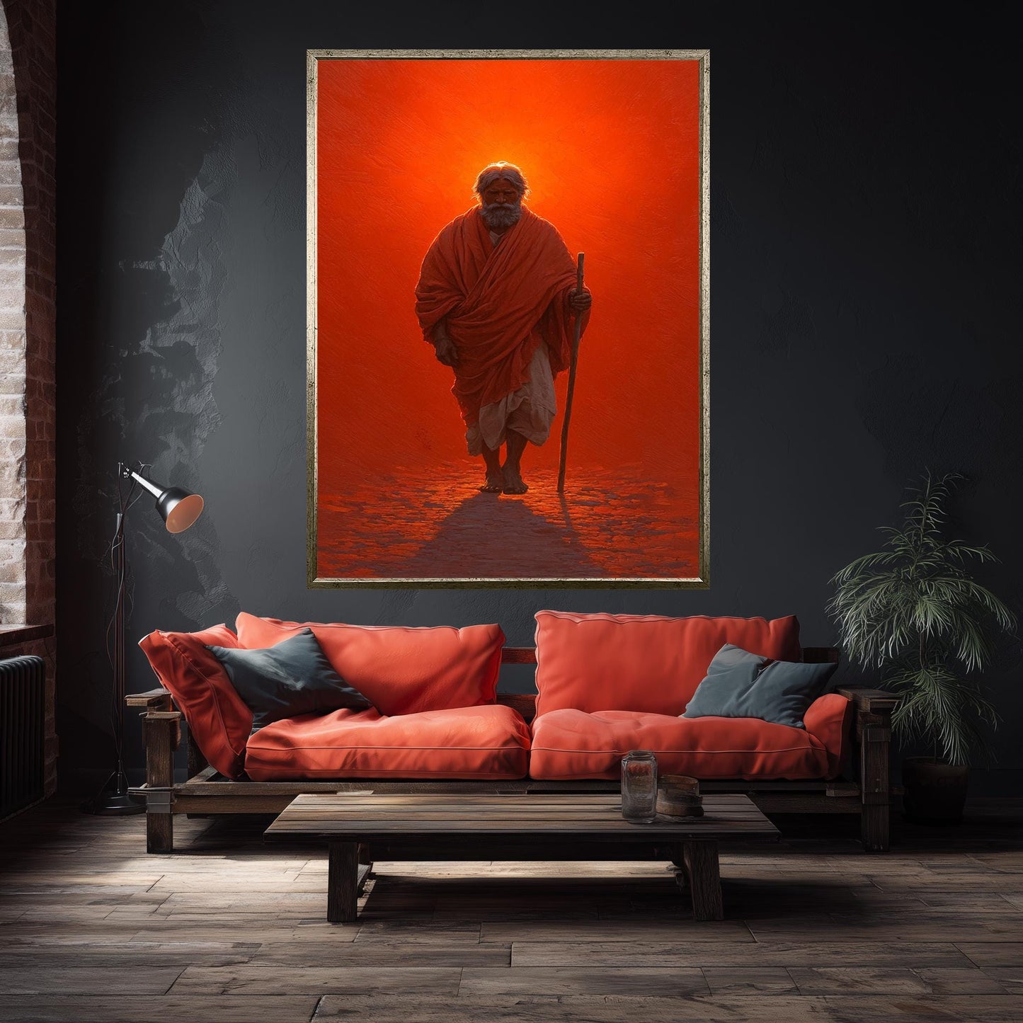 Spiritual Monk Walking Painting | Mystical Red Aura Canvas Art | Enlightened Sage Wall Decor | Symbolic Journey of Wisdom Artwork Jesus Art
