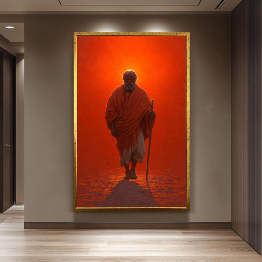 Spiritual Monk Walking Painting | Mystical Red Aura Canvas Art | Enlightened Sage Wall Decor | Symbolic Journey of Wisdom Artwork Jesus Art