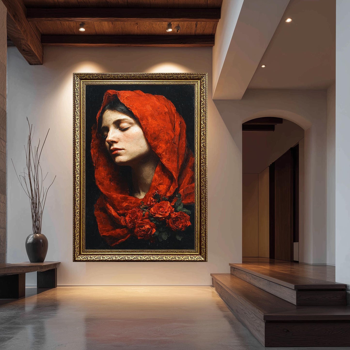 Mother Mary Roses Painting | Virgin Mary Wall Art with Red Veil and Floral Symbolism | Sacred Catholic Christian Home Decor Canvas
