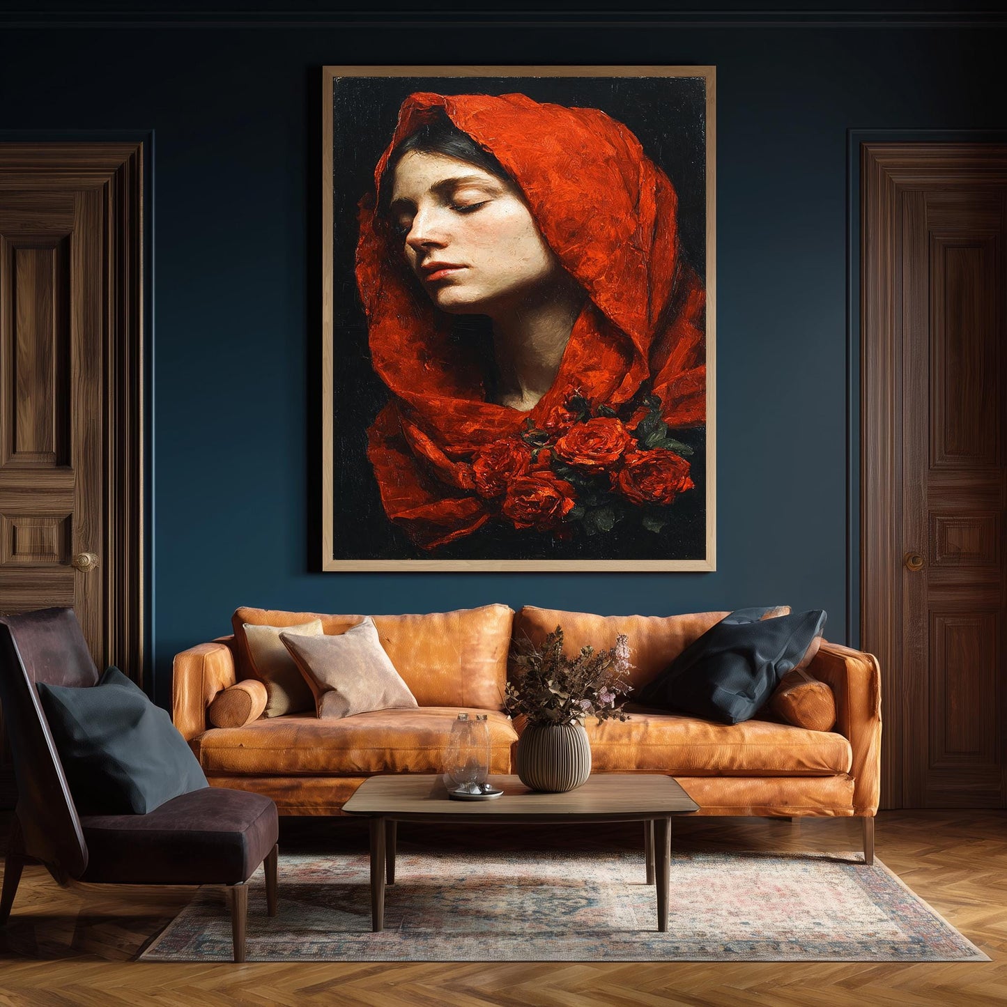 Mother Mary Roses Painting | Virgin Mary Wall Art with Red Veil and Floral Symbolism | Sacred Catholic Christian Home Decor Canvas