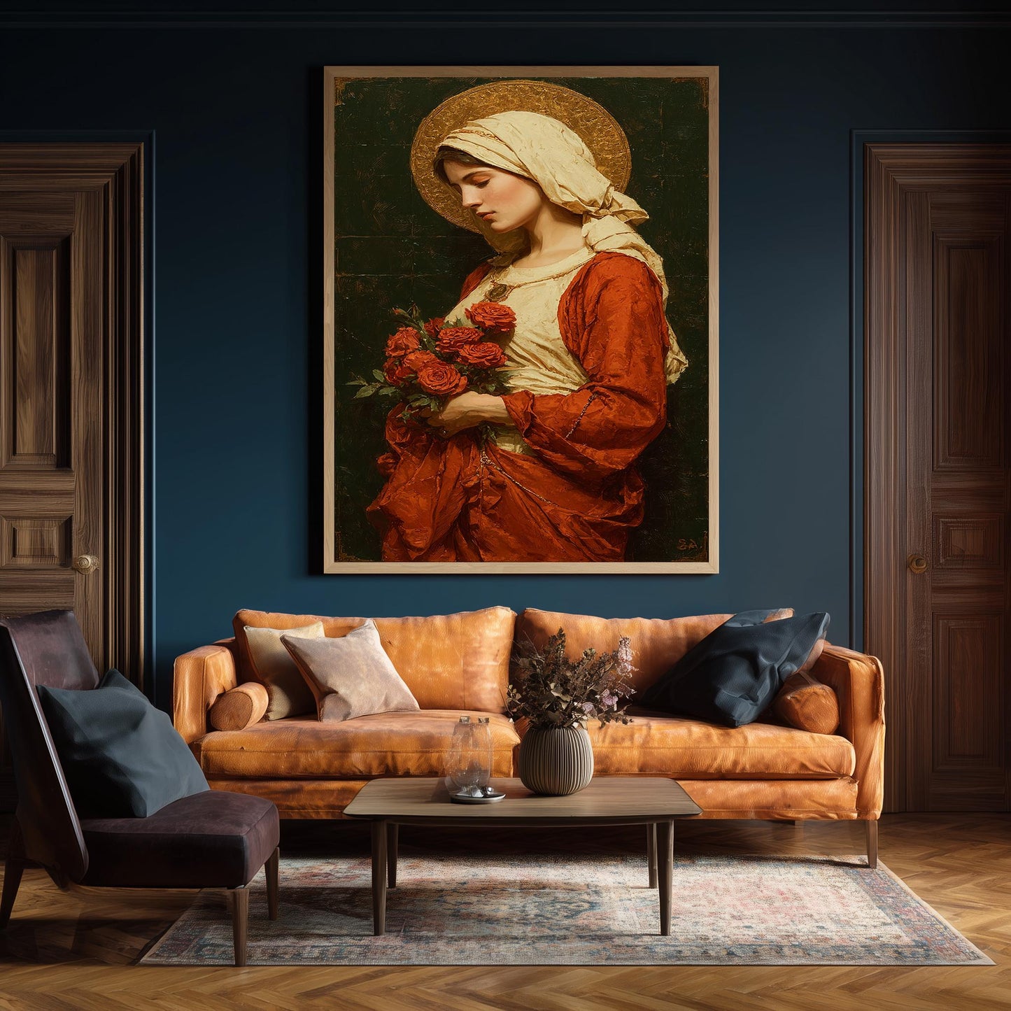 Virgin Mary Holding Roses Painting | Elegant Mother Mary Canvas Art with Golden Halo | Catholic Wall Decor for Prayer Room or Church