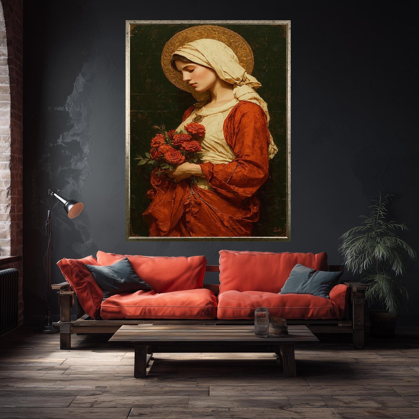 Virgin Mary Holding Roses Painting | Elegant Mother Mary Canvas Art with Golden Halo | Catholic Wall Decor for Prayer Room or Church