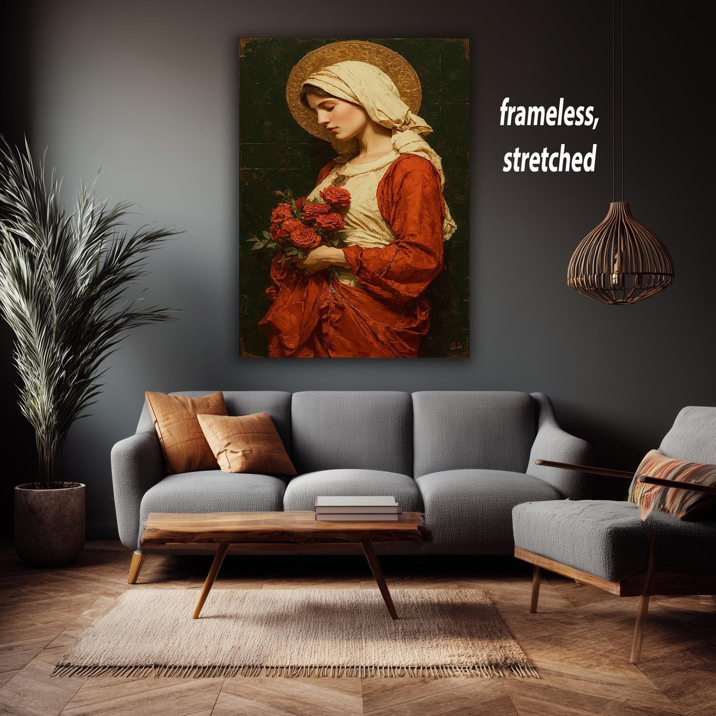 Virgin Mary Holding Roses Painting | Elegant Mother Mary Canvas Art with Golden Halo | Catholic Wall Decor for Prayer Room or Church