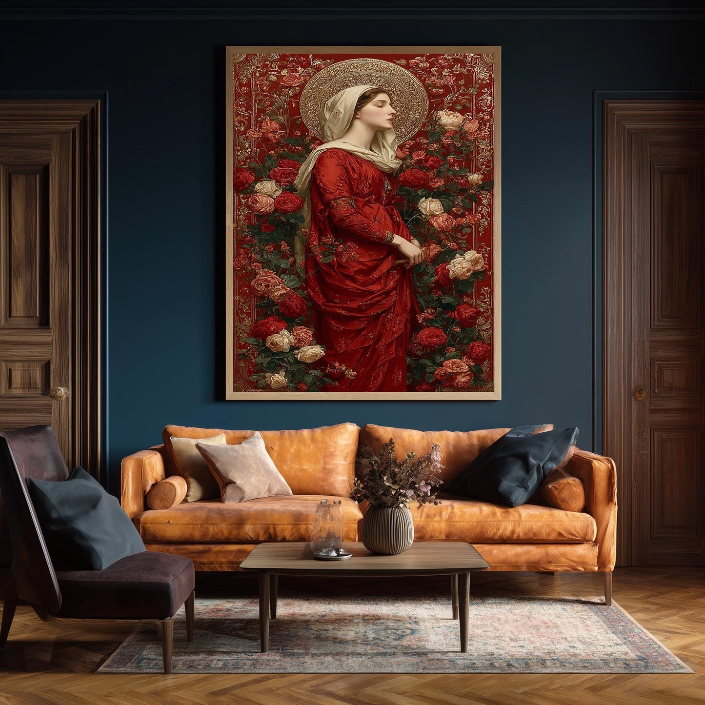 Mother Mary in Red Surrounded by Roses | Elegant Virgin Mary Canvas with Gold Halo | Catholic Religious Art for Prayer Room or Church