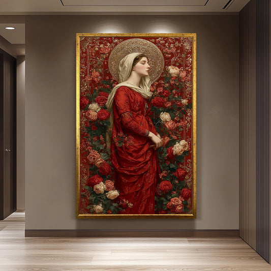 Mother Mary in Red Surrounded by Roses | Elegant Virgin Mary Canvas with Gold Halo | Catholic Religious Art for Prayer Room or Church