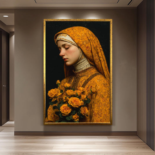 Mother Mary in Golden Robes with Yellow Roses | Peaceful Virgin Mary Canvas Art | Catholic Religious Wall Decor for Faithful Homes