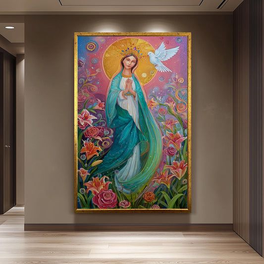 Crowned Virgin Mary with Dove in Flower Garden | Colorful Catholic Canvas Art of Our Lady | Spiritual Wall Decor for Prayer Spaces  Mary Art