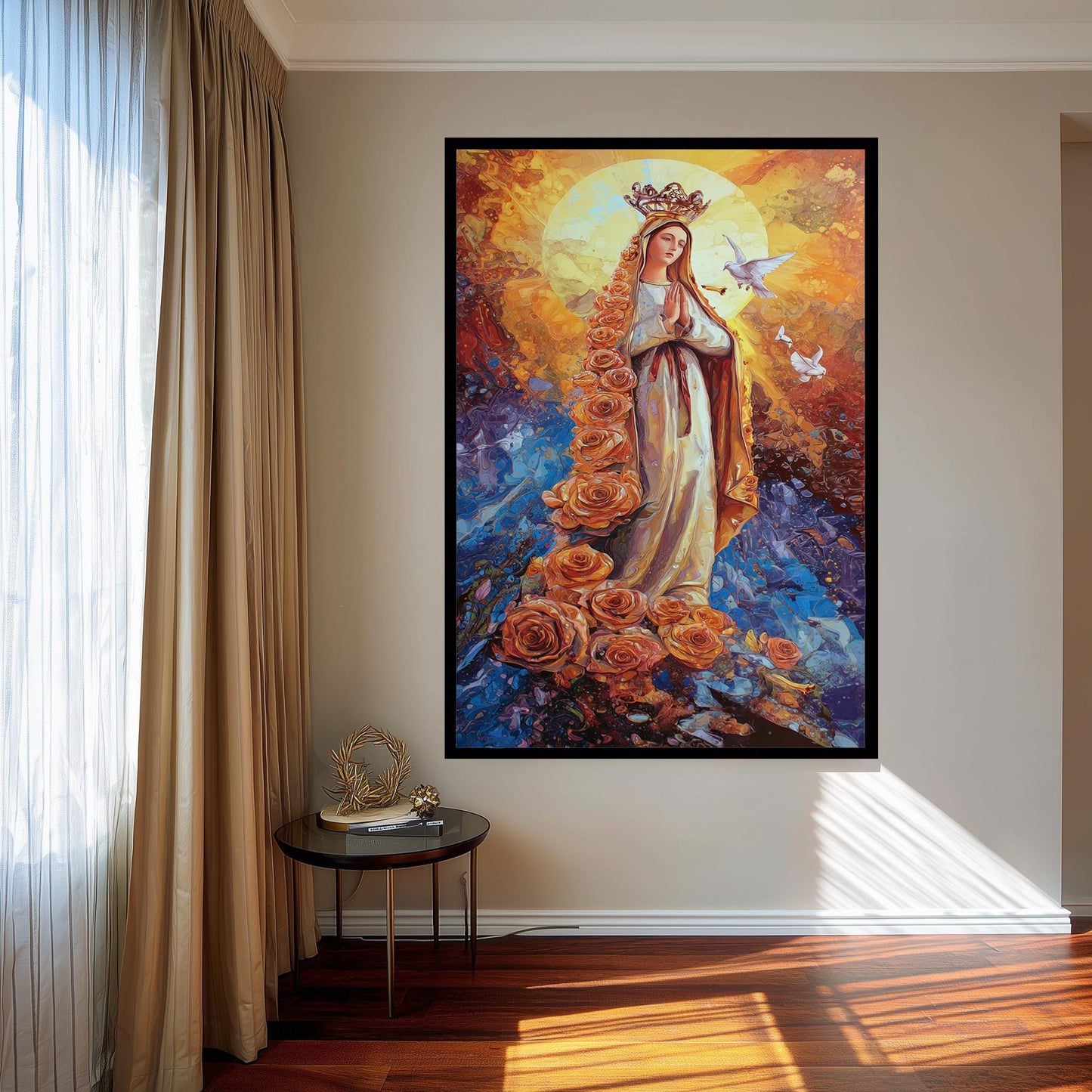 Virgin Mary Wall Art Blessed Mother Canvas Print with Roses and Doves Religious Catholic Artwork Spiritual Christian Home Decor Mother Mary