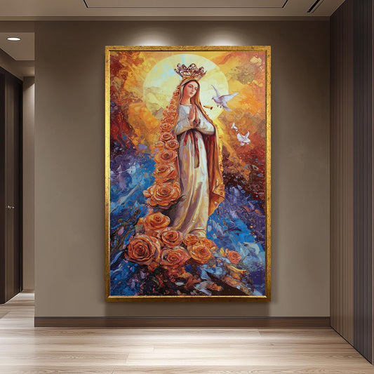 Virgin Mary Wall Art Blessed Mother Canvas Print with Roses and Doves Religious Catholic Artwork Spiritual Christian Home Decor Mother Mary