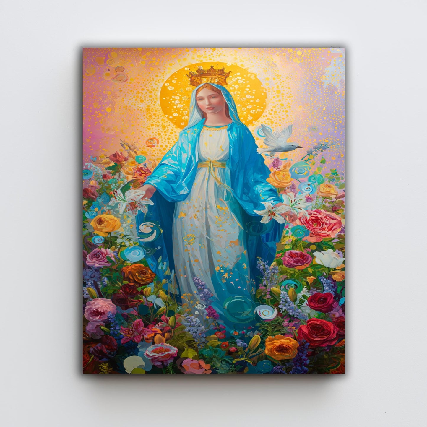 Virgin Mary Wall Art Colorful Floral Catholic Canvas Print Holy Mother With Blue Cloak Surrounded By Roses Lilies And Divine Light