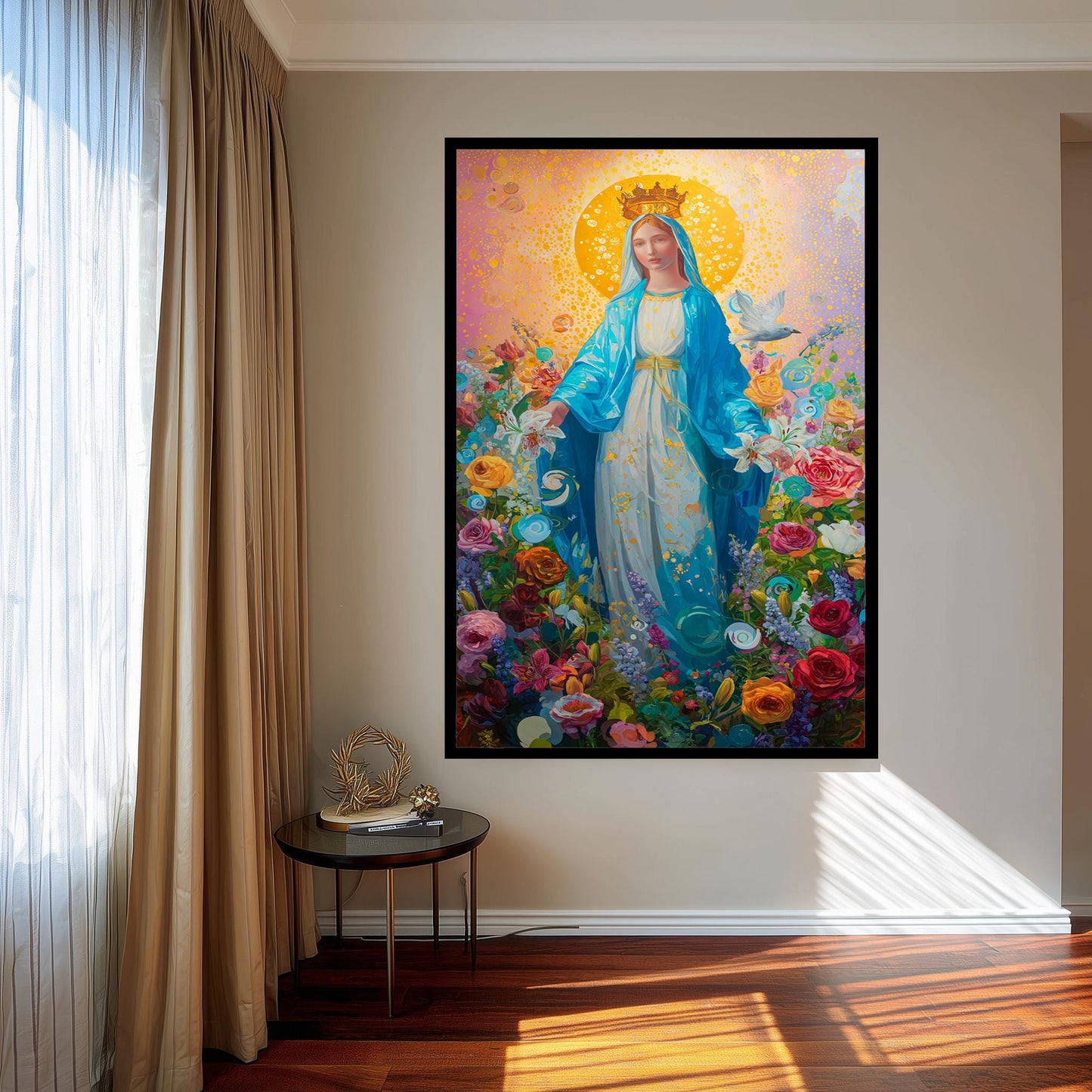 Virgin Mary Wall Art Colorful Floral Catholic Canvas Print Holy Mother With Blue Cloak Surrounded By Roses Lilies And Divine Light