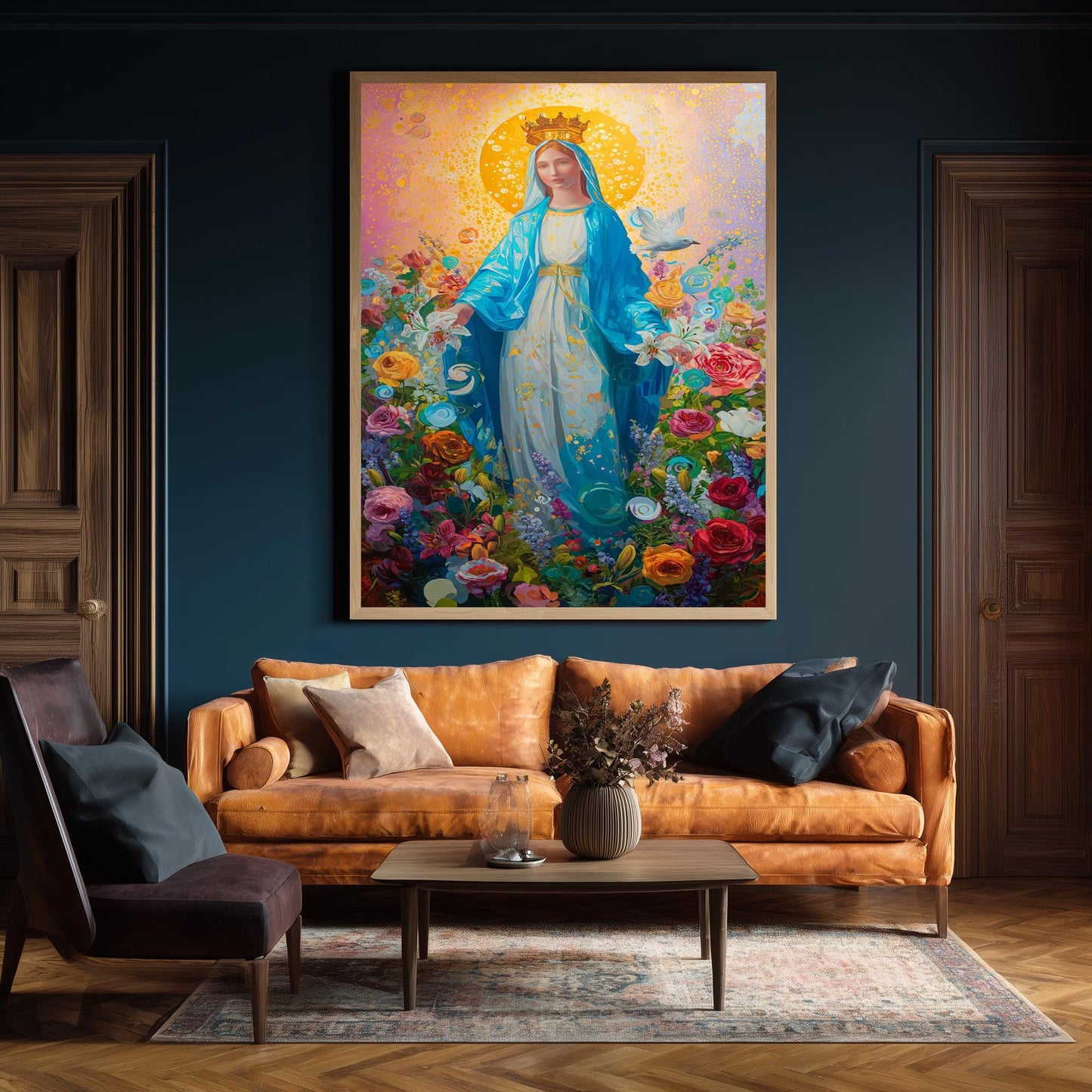 Virgin Mary Wall Art Colorful Floral Catholic Canvas Print Holy Mother With Blue Cloak Surrounded By Roses Lilies And Divine Light