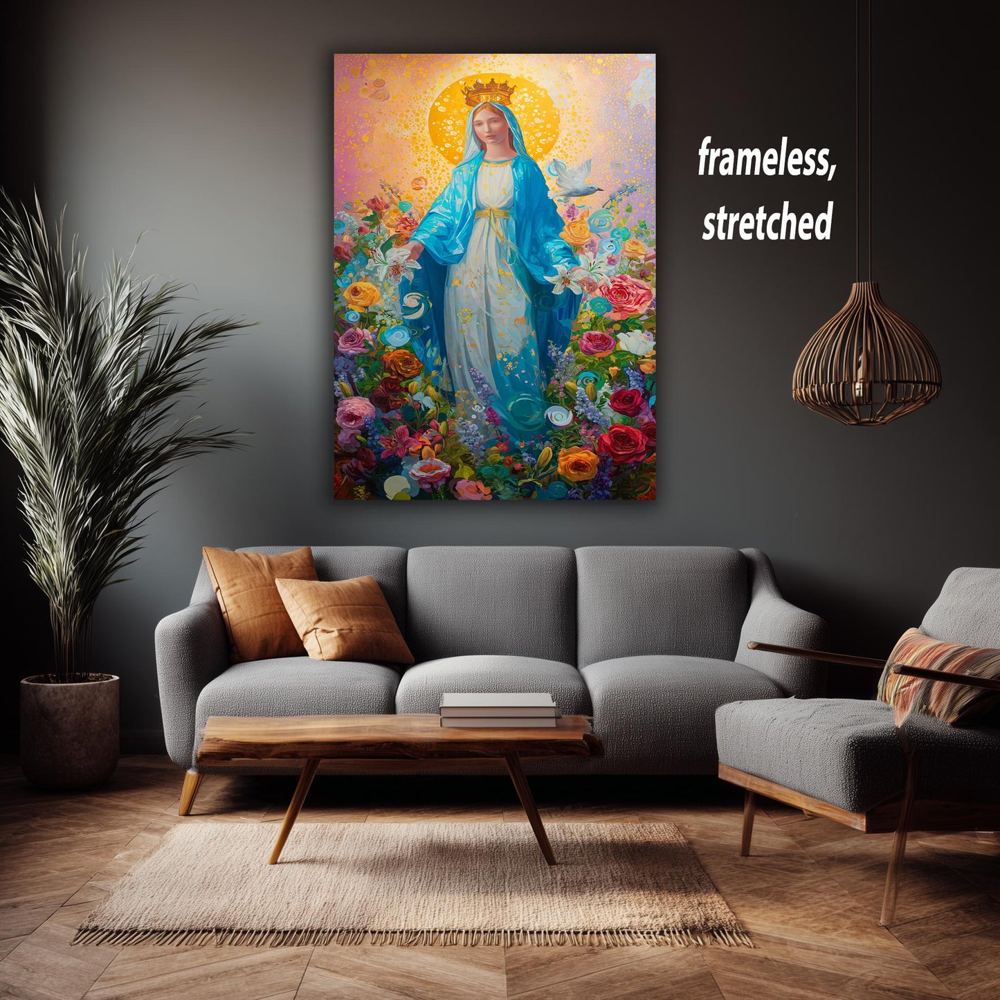 Virgin Mary Wall Art Colorful Floral Catholic Canvas Print Holy Mother With Blue Cloak Surrounded By Roses Lilies And Divine Light