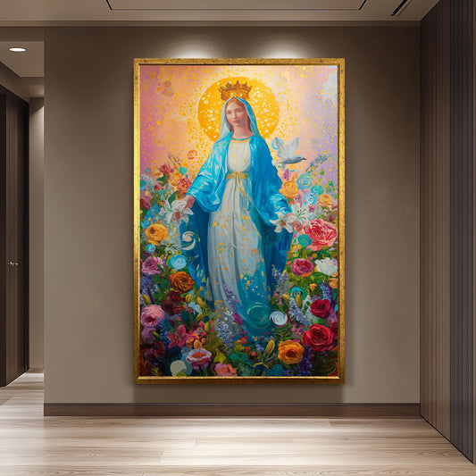 Virgin Mary Wall Art Colorful Floral Catholic Canvas Print Holy Mother With Blue Cloak Surrounded By Roses Lilies And Divine Light