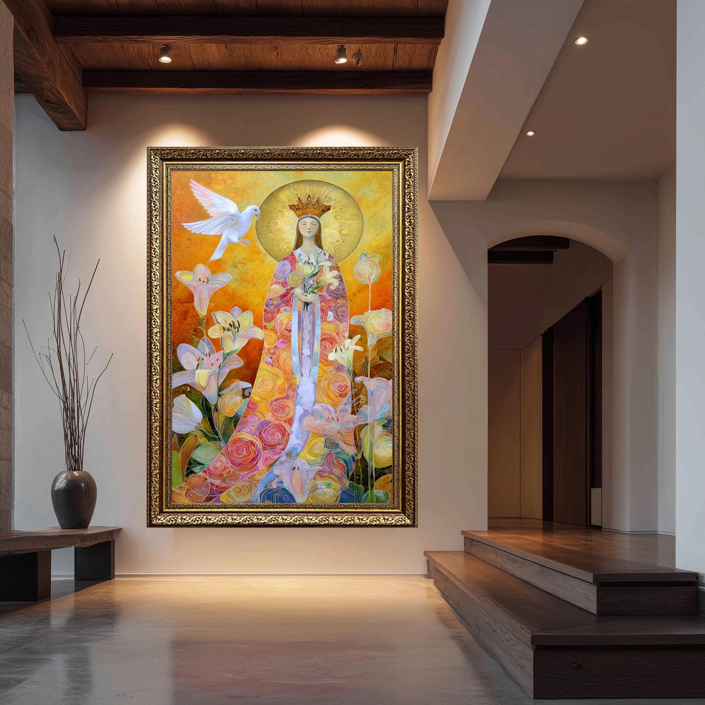 Modern Virgin Mary Wall Art Sacred Mother With Golden Halo Colorful Floral Robe And White Dove Spiritual Catholic Home Canvas Virgin Mary