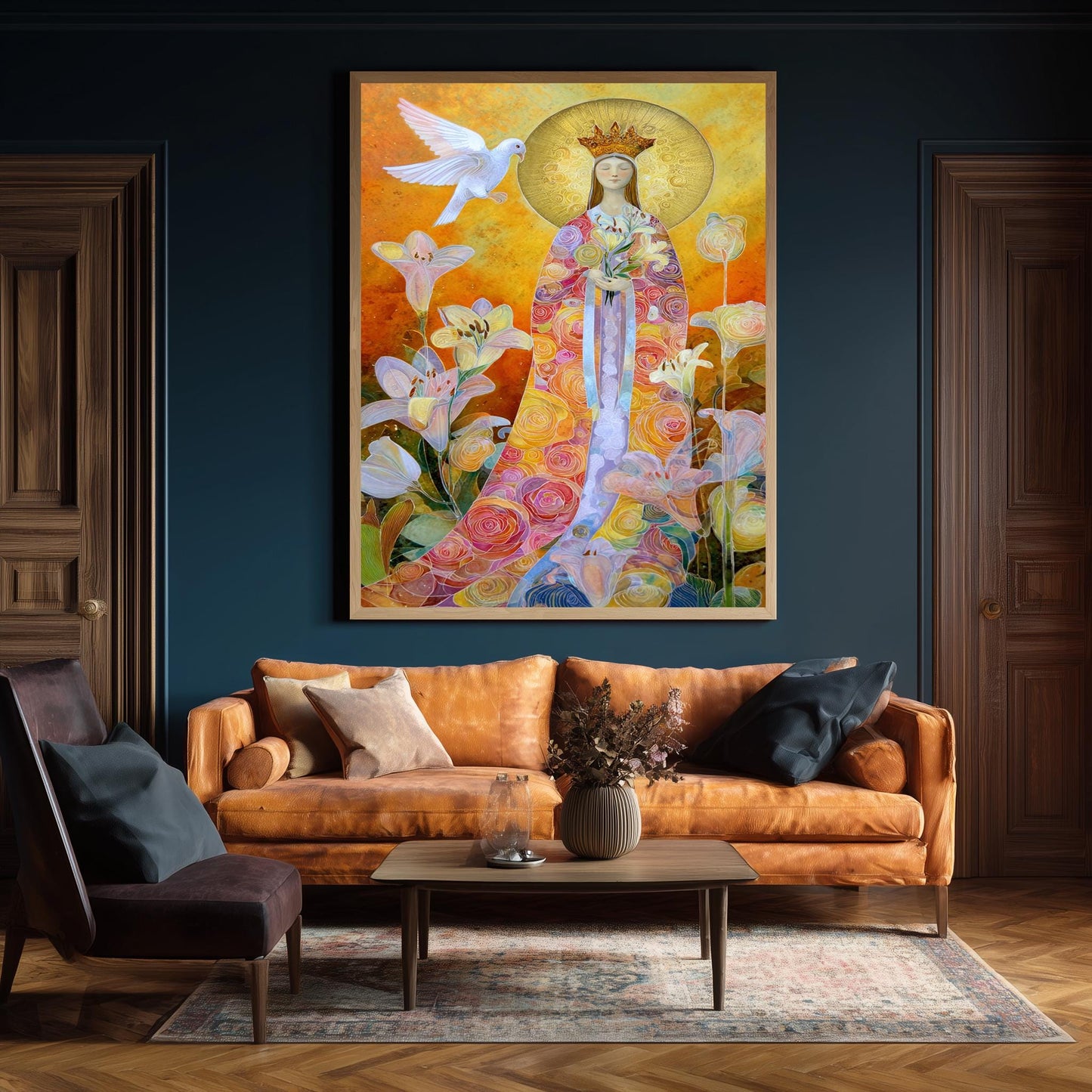 Modern Virgin Mary Wall Art Sacred Mother With Golden Halo Colorful Floral Robe And White Dove Spiritual Catholic Home Canvas Virgin Mary
