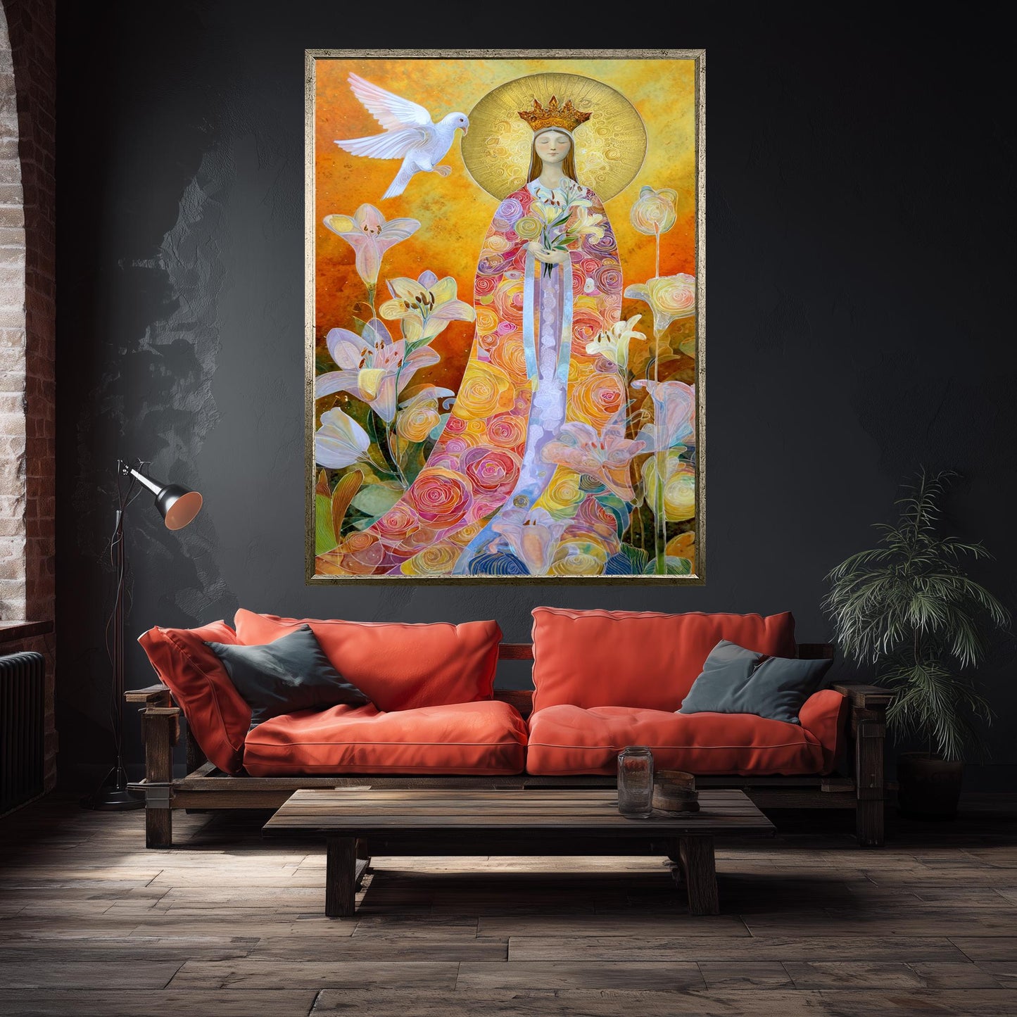 Modern Virgin Mary Wall Art Sacred Mother With Golden Halo Colorful Floral Robe And White Dove Spiritual Catholic Home Canvas Virgin Mary
