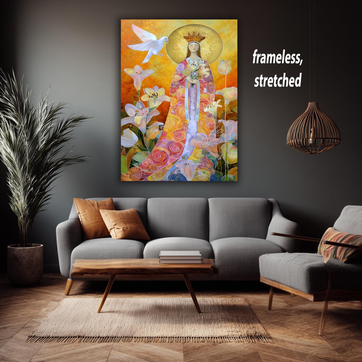 Modern Virgin Mary Wall Art Sacred Mother With Golden Halo Colorful Floral Robe And White Dove Spiritual Catholic Home Canvas Virgin Mary