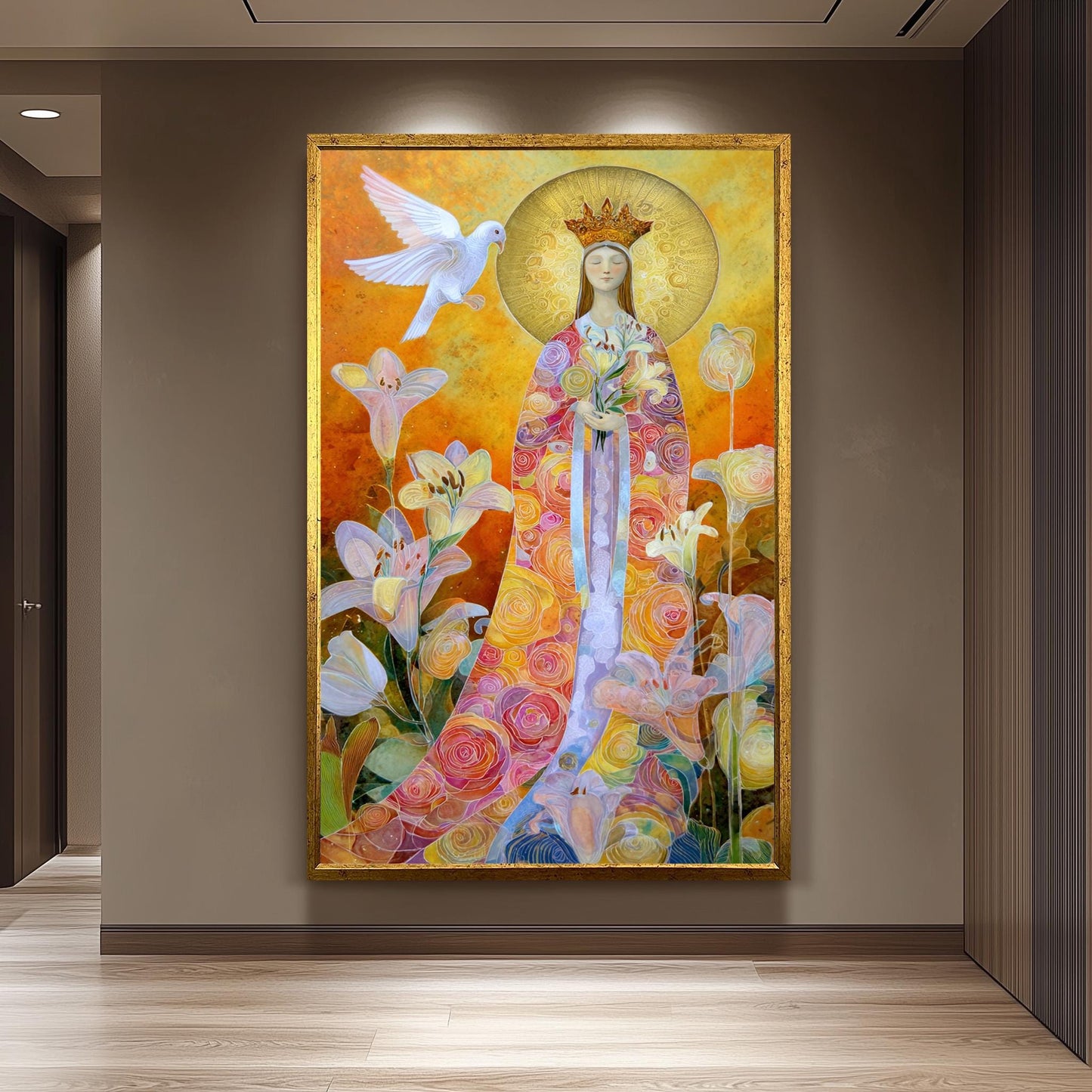 Modern Virgin Mary Wall Art Sacred Mother With Golden Halo Colorful Floral Robe And White Dove Spiritual Catholic Home Canvas Virgin Mary