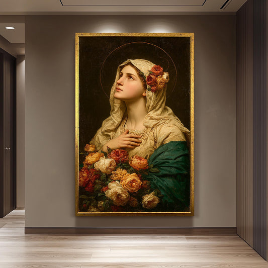 Vintage Virgin Mary Wall Art Catholic Canvas Print With Roses Holy Mother Portrait In Prayer Classic Religious Christian Decor Mother Print