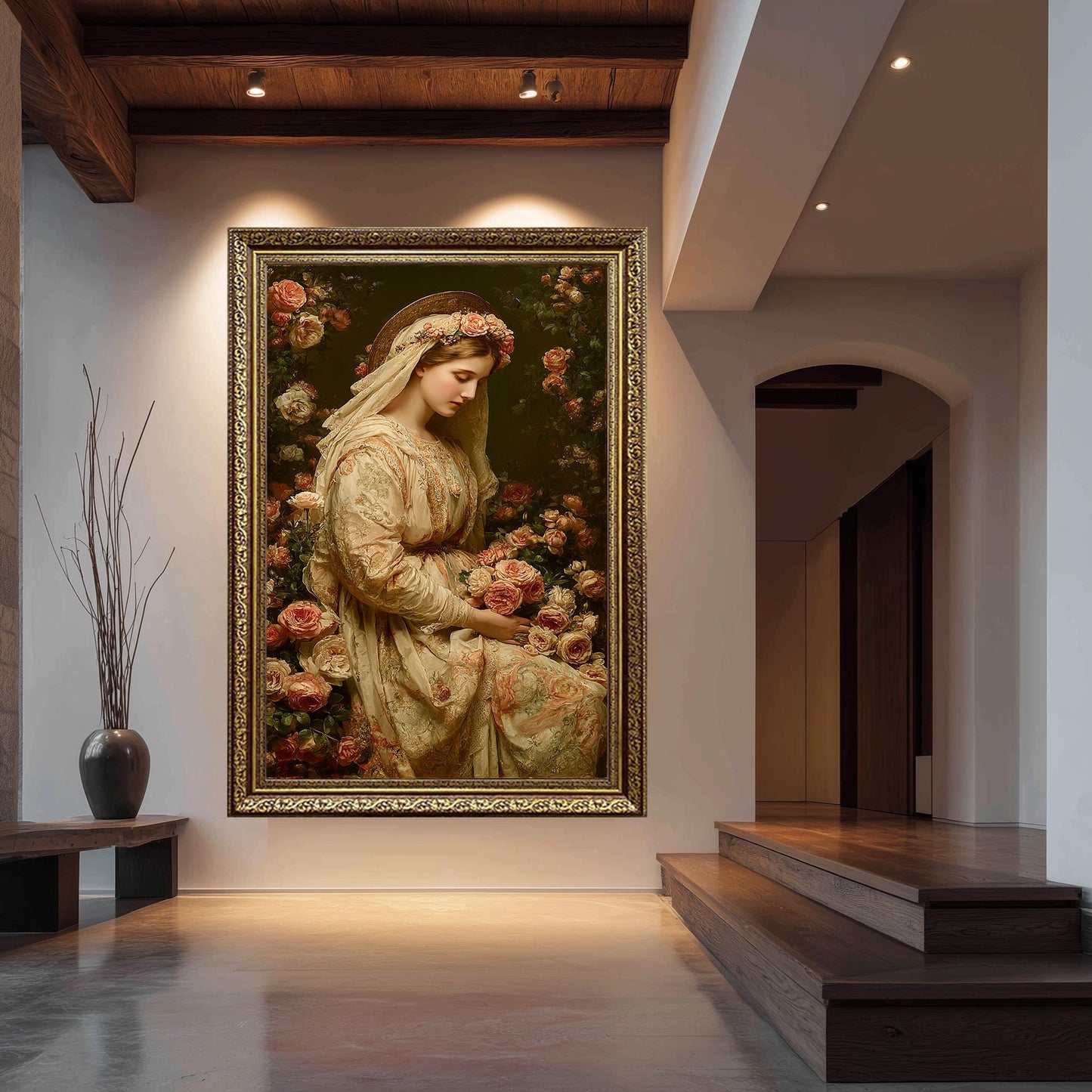 Vintage Virgin Mary Wall Art Catholic Canvas Print With Rose Crown Holy Mother In Embroidered Robe Surrounded By Blush Floral Garden