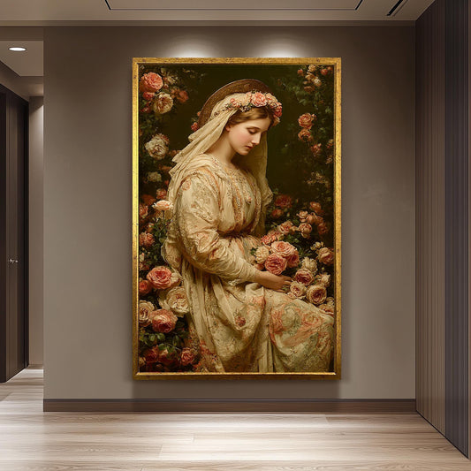 Vintage Virgin Mary Wall Art Catholic Canvas Print With Rose Crown Holy Mother In Embroidered Robe Surrounded By Blush Floral Garden