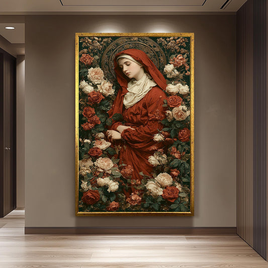Vintage Virgin Mary Wall Art In Red Cloak Surrounded By Roses Catholic Canvas Print Sacred Holy Mother Floral Religious Home Decor