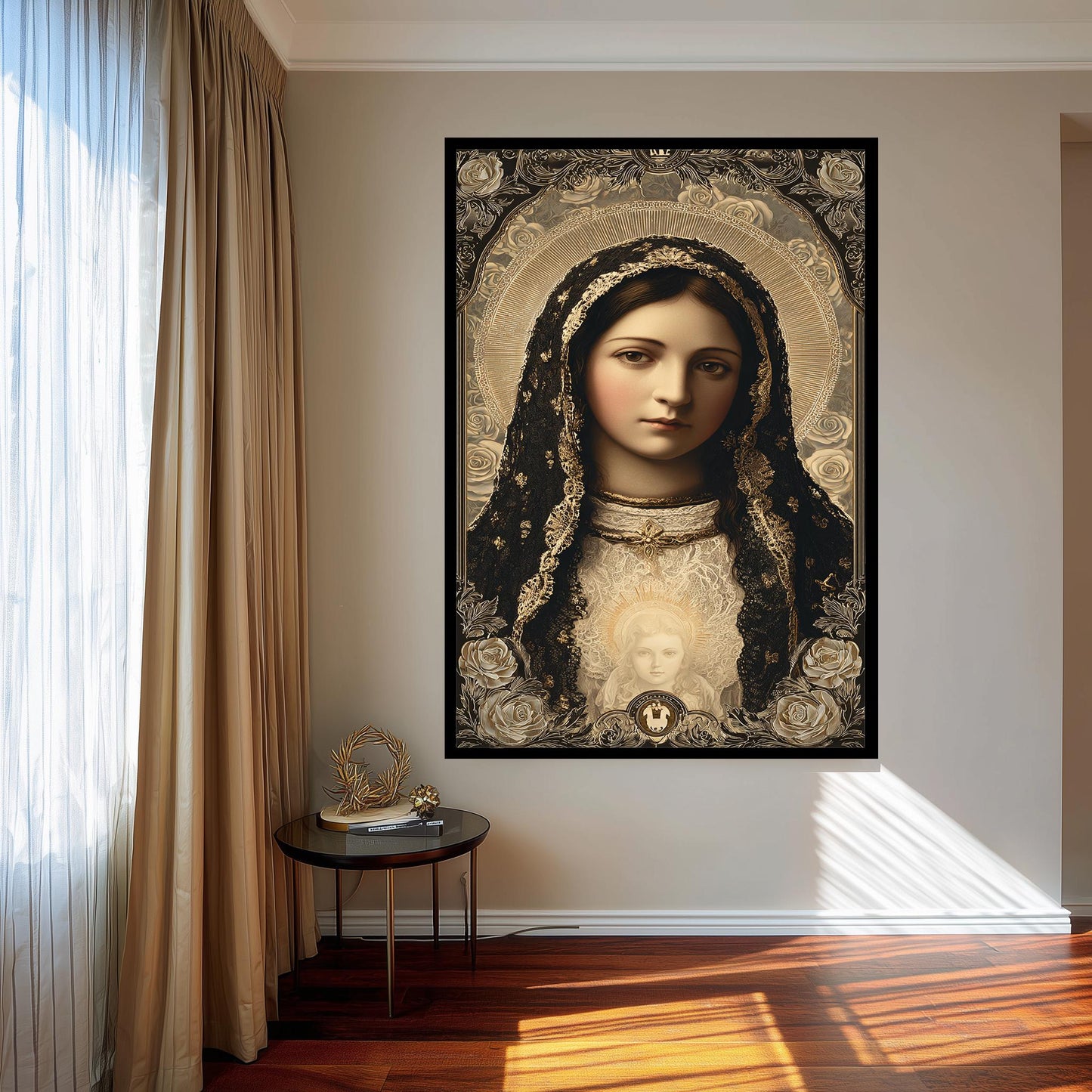 Our Lady Of Guadalupe Wall Art Catholic Canvas Print Black And Gold Sacred Virgin Mary Portrait With Child Holy Religious Home Decor