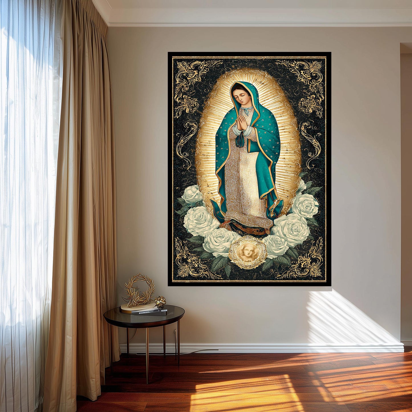 Our Lady Of Guadalupe Wall Art Full Body Catholic Canvas Print Virgin Mary In Teal Mantle Surrounded By Gold Light And White Roses