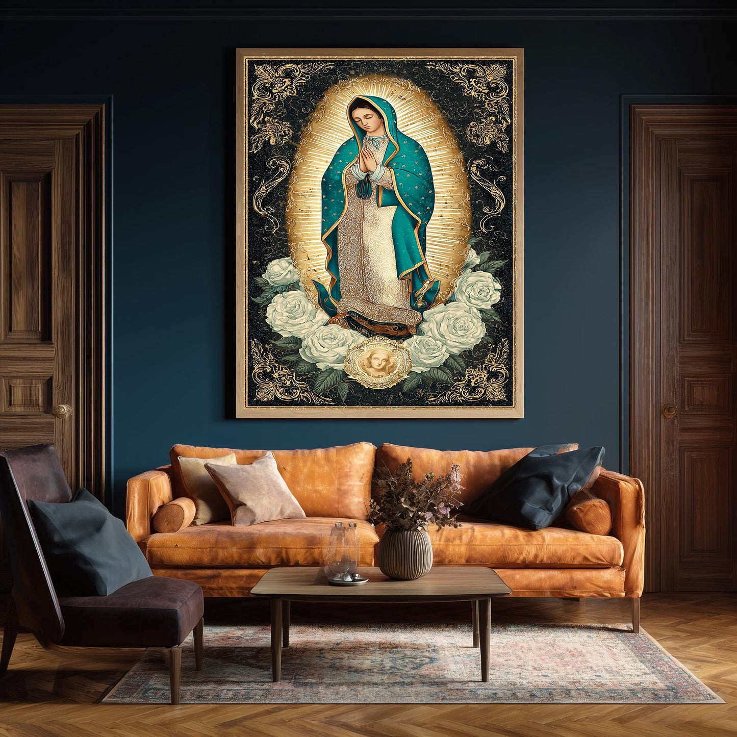 Our Lady Of Guadalupe Wall Art Full Body Catholic Canvas Print Virgin Mary In Teal Mantle Surrounded By Gold Light And White Roses