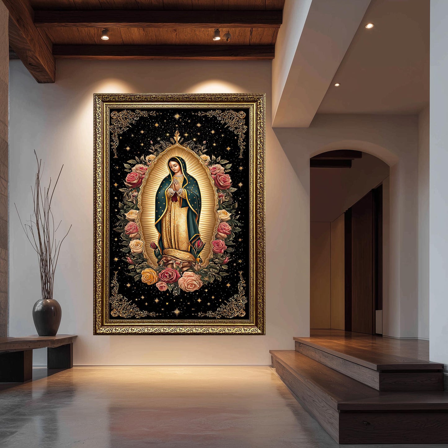 Our Lady Of Guadalupe Wall Art Full Body Canvas Print With Angel At Her Feet Surrounded By Roses And Stars Catholic Spiritual Decor