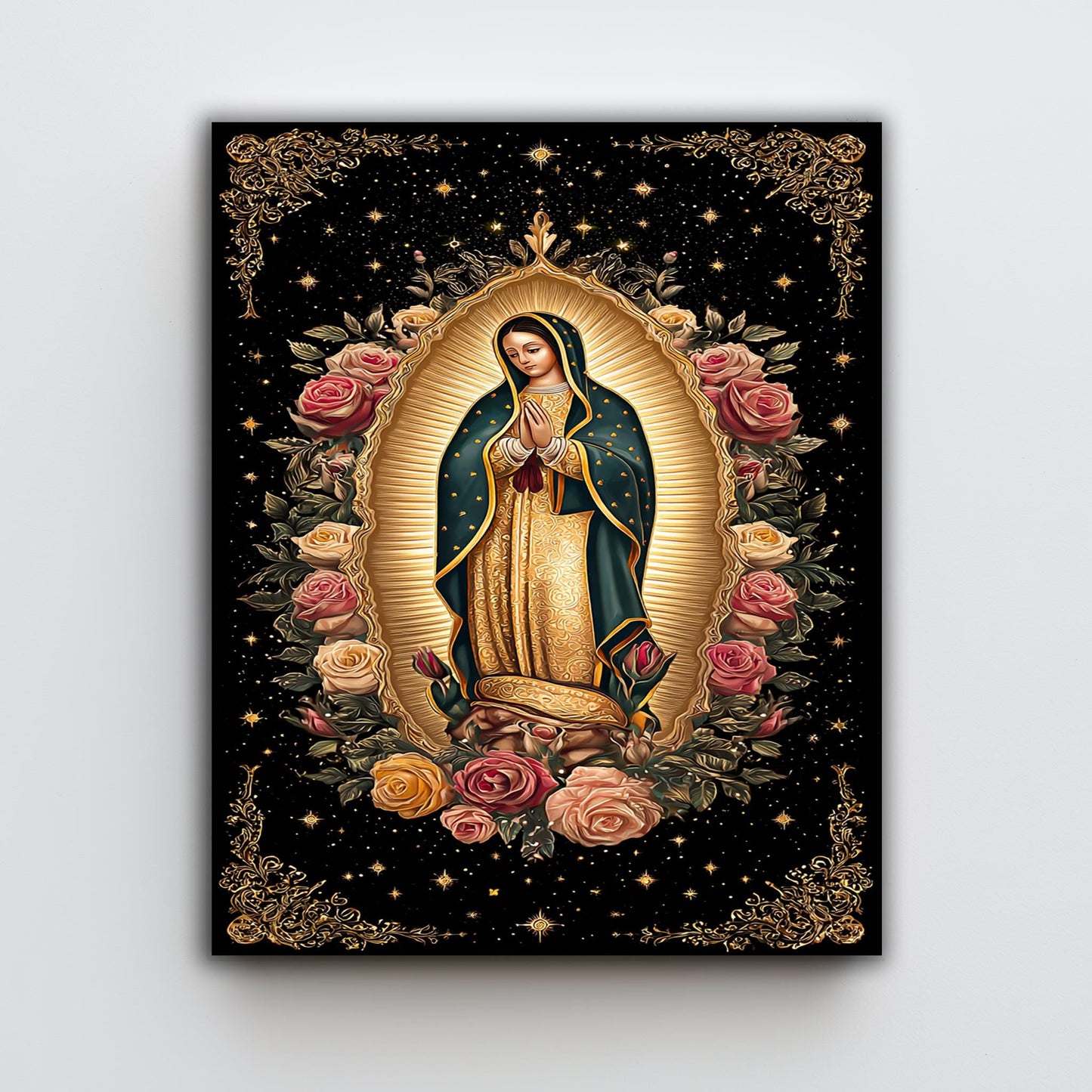 Our Lady Of Guadalupe Wall Art Full Body Canvas Print With Angel At Her Feet Surrounded By Roses And Stars Catholic Spiritual Decor