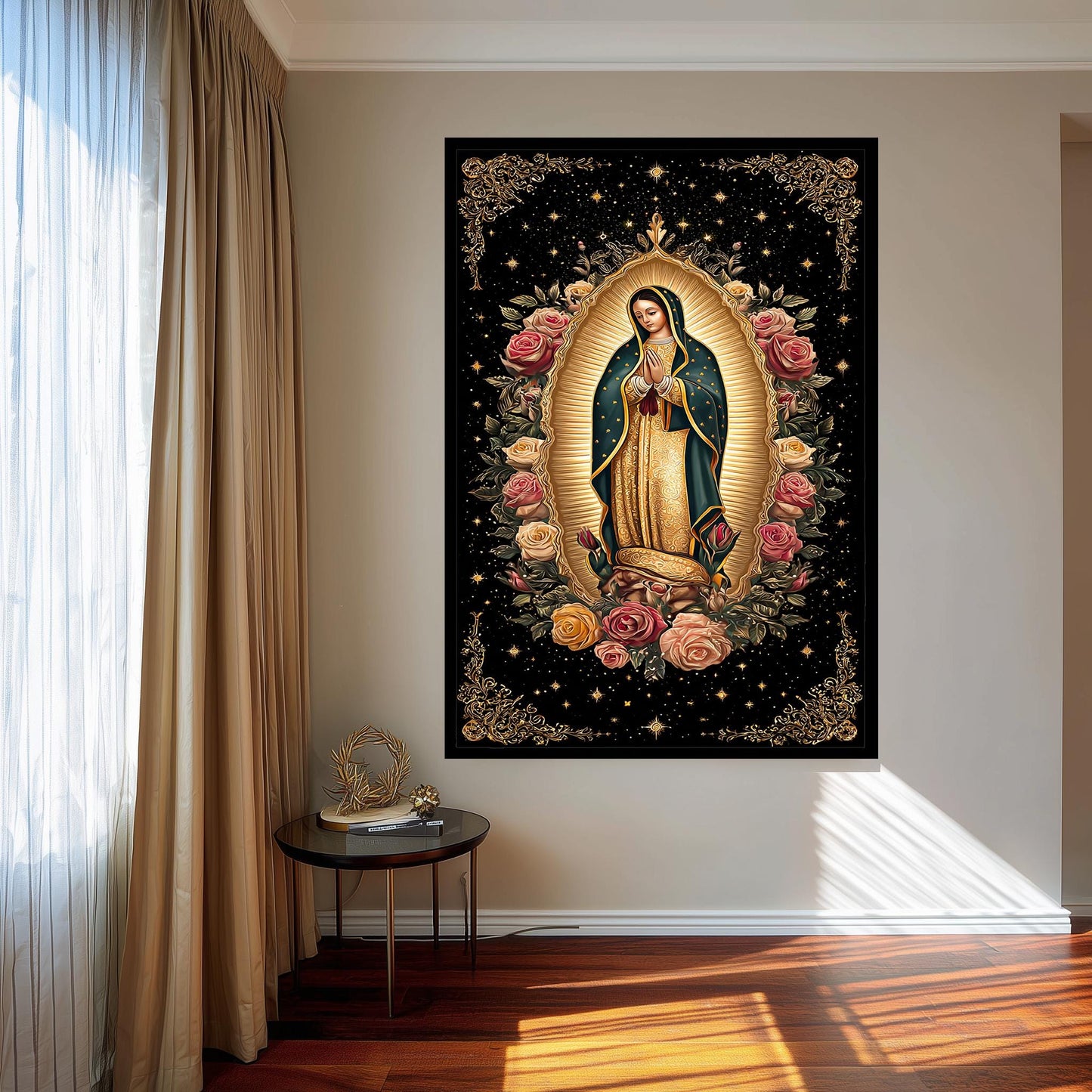 Our Lady Of Guadalupe Wall Art Full Body Canvas Print With Angel At Her Feet Surrounded By Roses And Stars Catholic Spiritual Decor