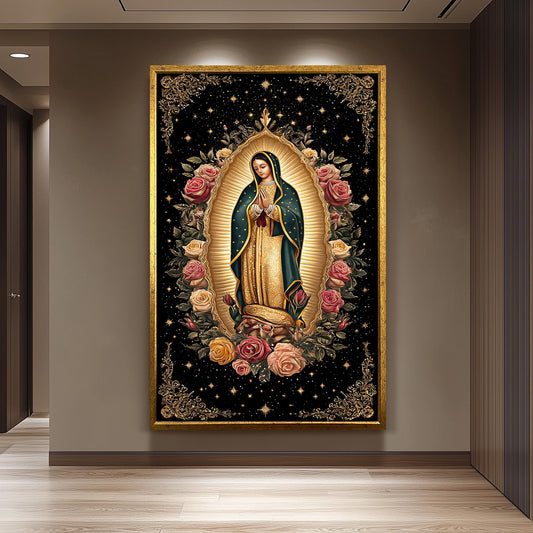 Our Lady Of Guadalupe Wall Art Full Body Canvas Print With Angel At Her Feet Surrounded By Roses And Stars Catholic Spiritual Decor