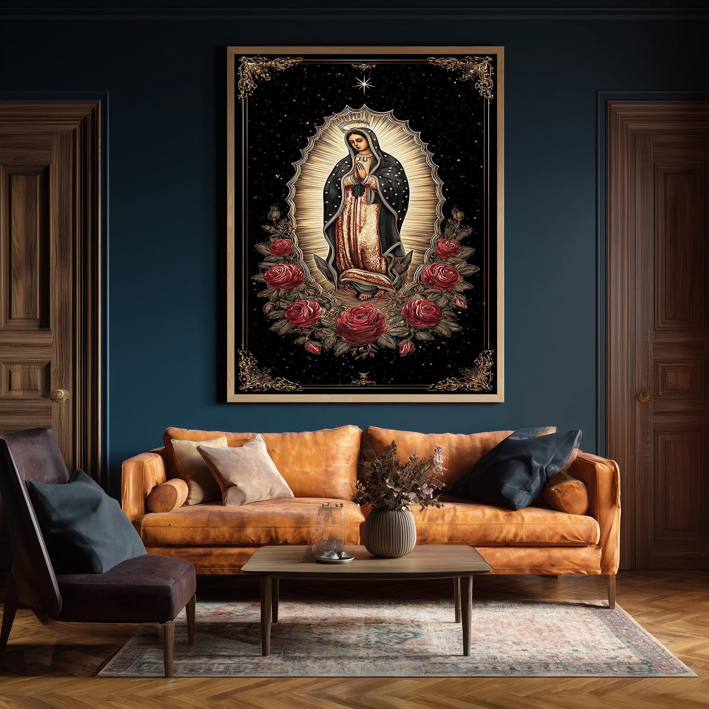 Our Lady Of Guadalupe Full Body Wall Art With Crown Surrounded By Roses Catholic Canvas Print Golden Light On Black Spiritual Background