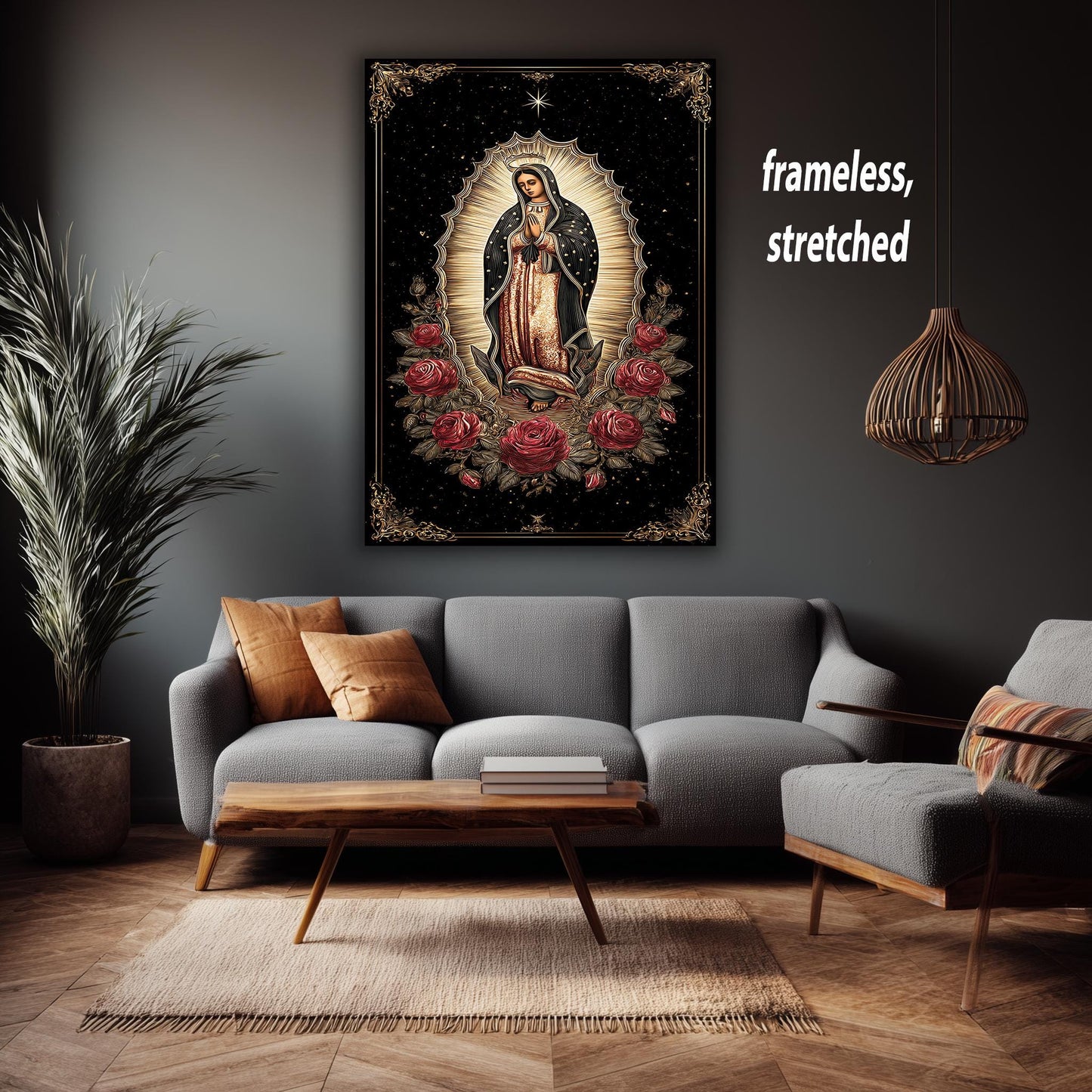 Our Lady Of Guadalupe Full Body Wall Art With Crown Surrounded By Roses Catholic Canvas Print Golden Light On Black Spiritual Background