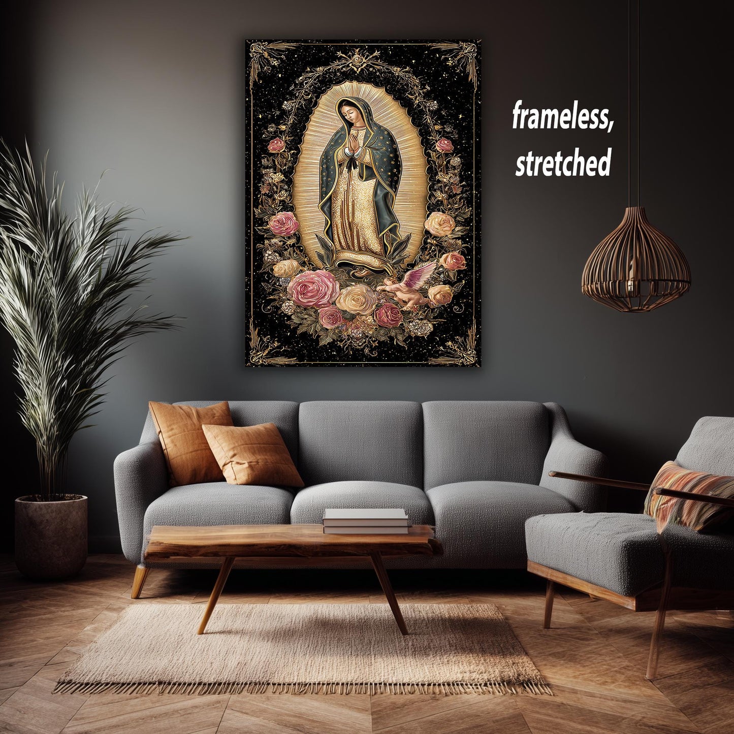 Our Lady Of Guadalupe Wall Art Full Body Canvas Print Surrounded By Roses With Angel Cherub Golden Light On Black Catholic Decor Mother Mary
