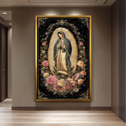 Our Lady Of Guadalupe Wall Art Full Body Canvas Print Surrounded By Roses With Angel Cherub Golden Light On Black Catholic Decor Mother Mary
