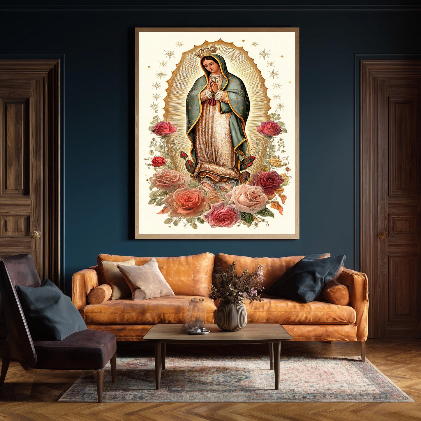 Our Lady Of Guadalupe Full Body Canvas Print With Crown Surrounded By Roses And Gold Light On Cream Background Catholic Wall Art Mother Mary